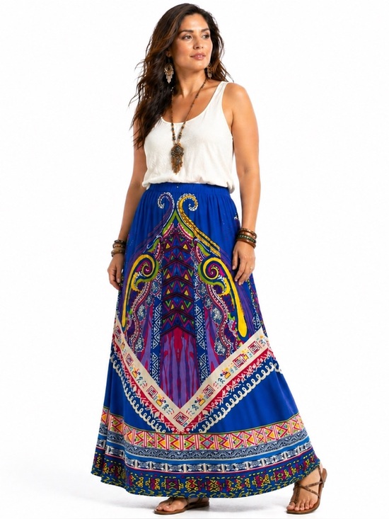 Magic Dresses & Skirts - Boho Tribal Print Maxi Skirt Blue Multicolor Elastic Waist Statement Artsy L